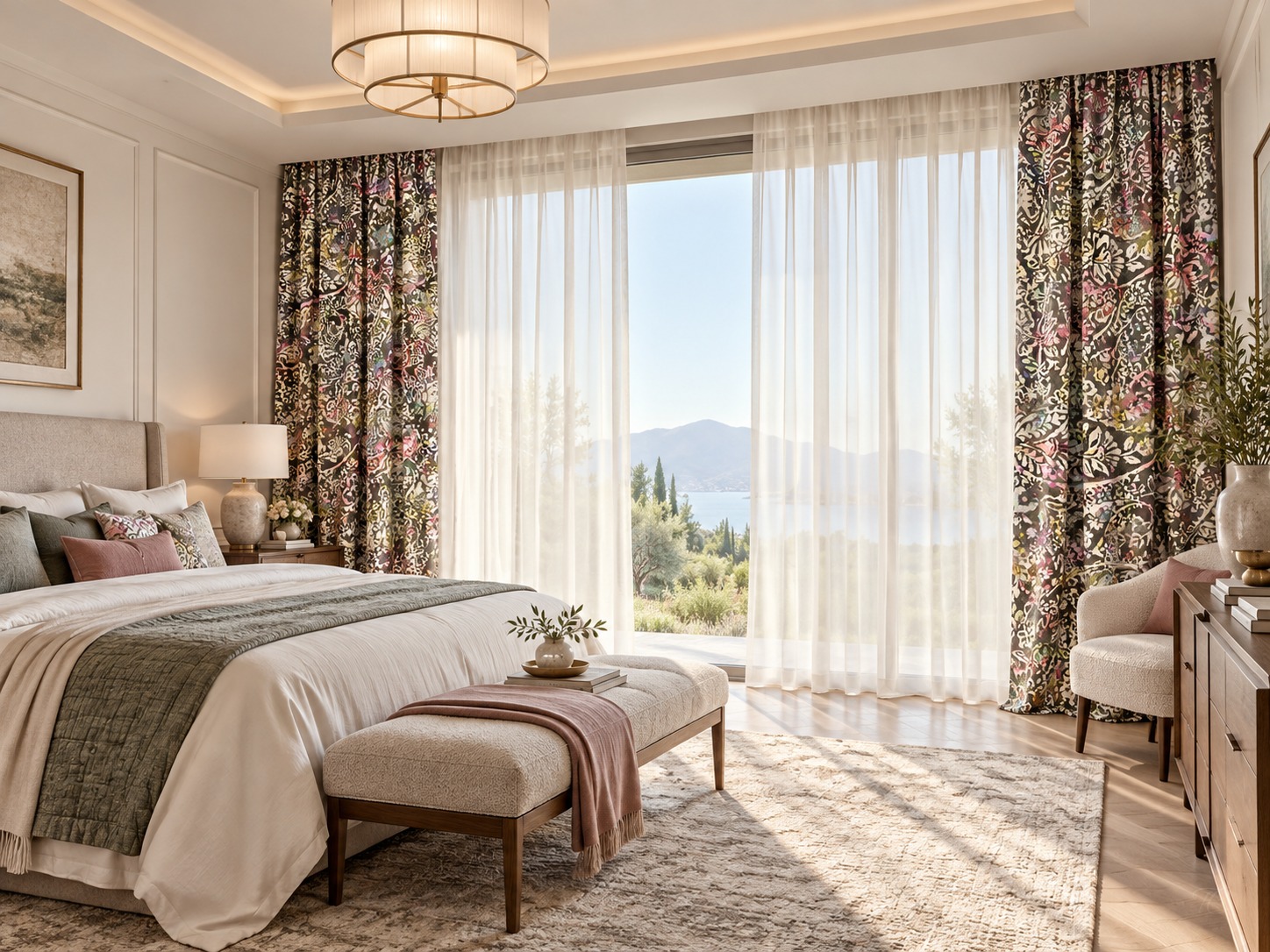 Dormitorio con caídas decorativas Camarasa de Manuel Revert y visillo blanco natural