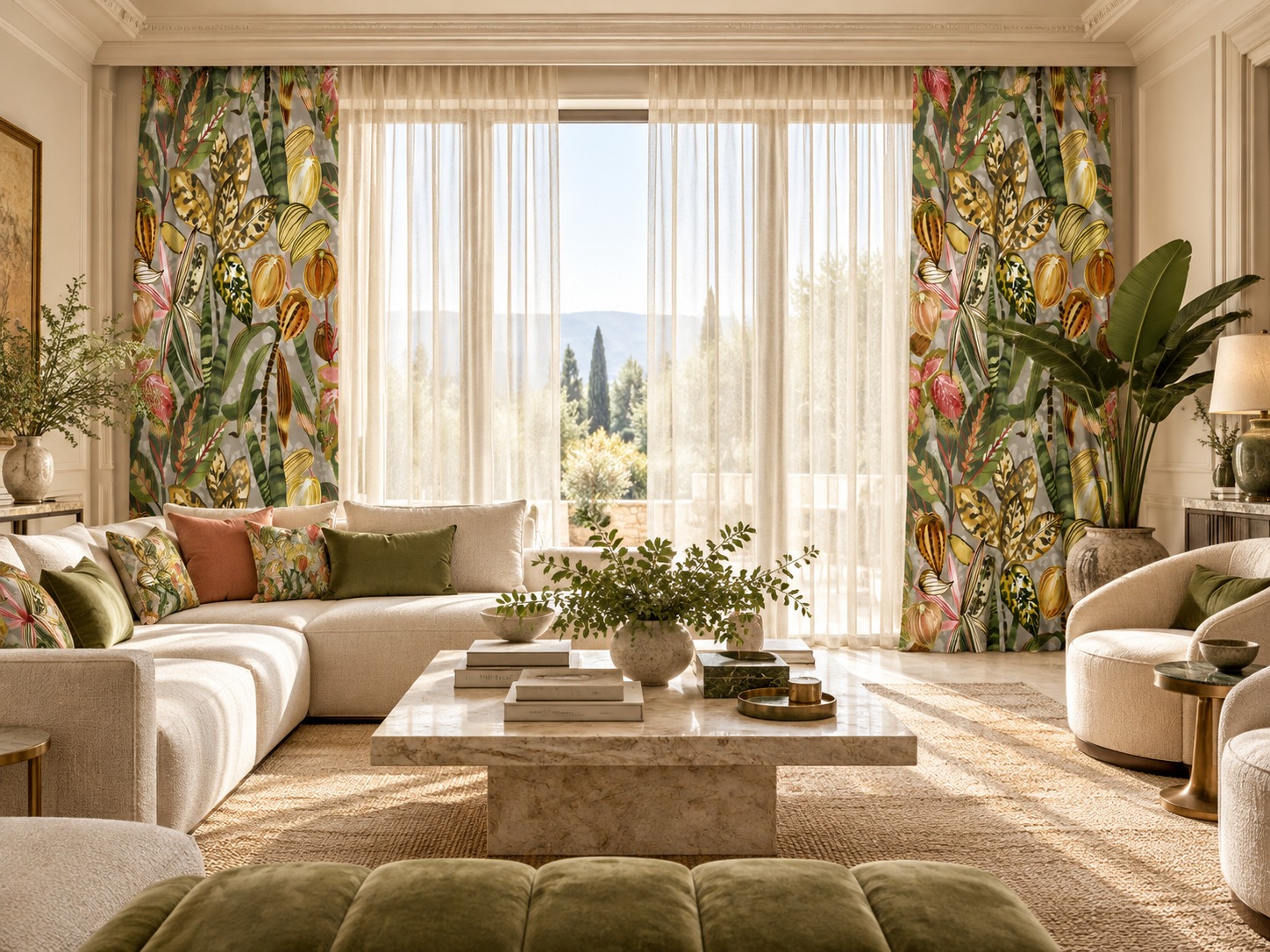 Salón con caídas decorativas Kalho 10 de Manuel Revert y visillo natural