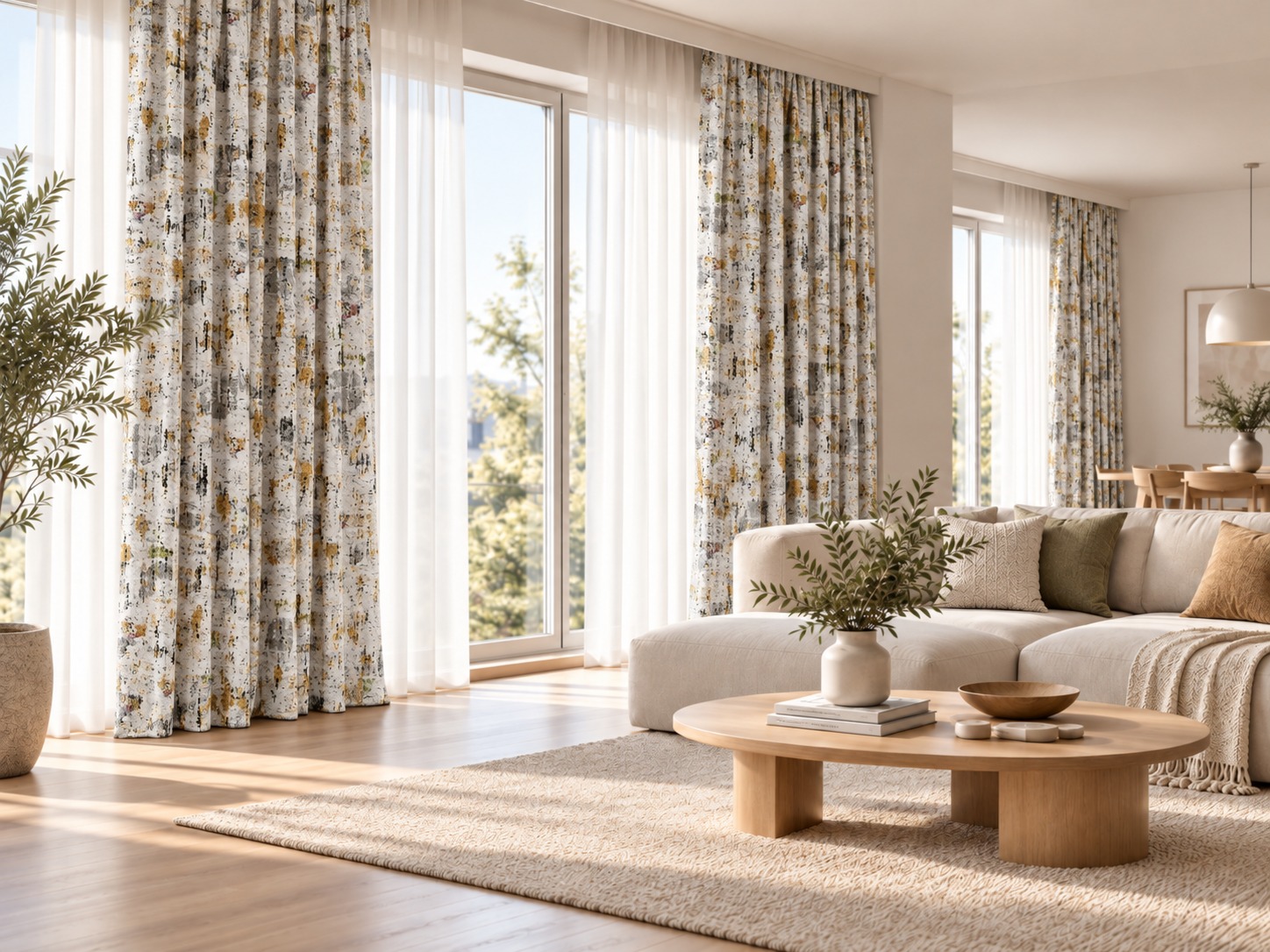 Cortinas Kandinsky 17 de Manuel Revert con caídas decorativas y visillo blanco