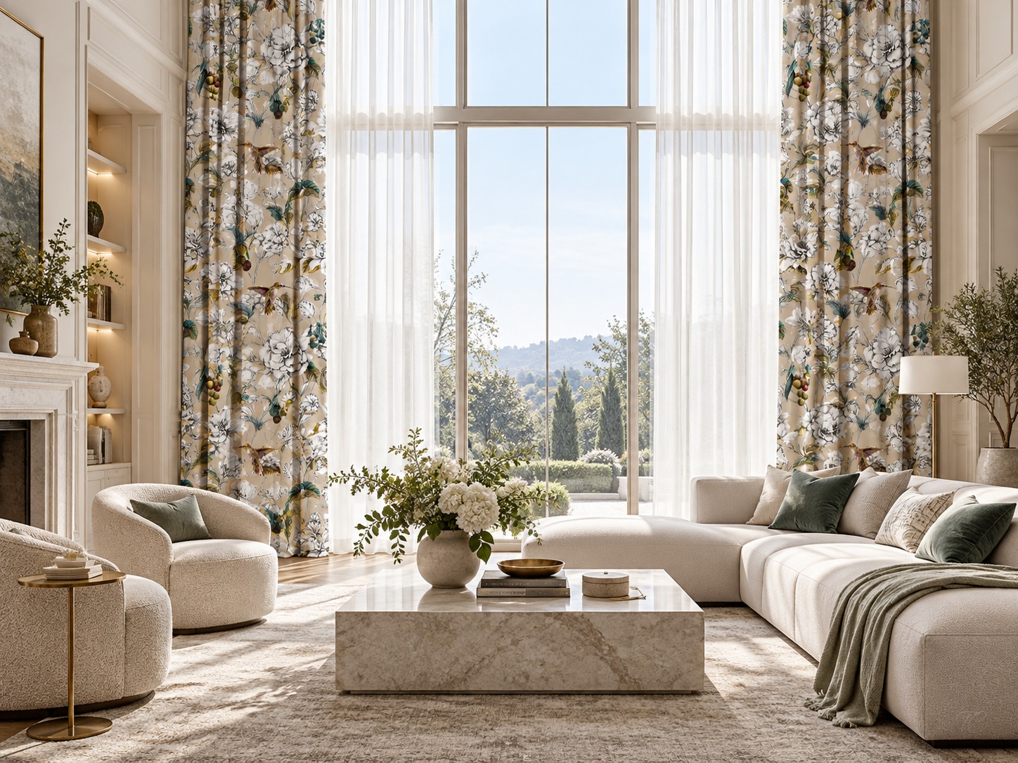 Cortinas Rembrant 04 de Manuel Revert con caídas decorativas y visillo blanco