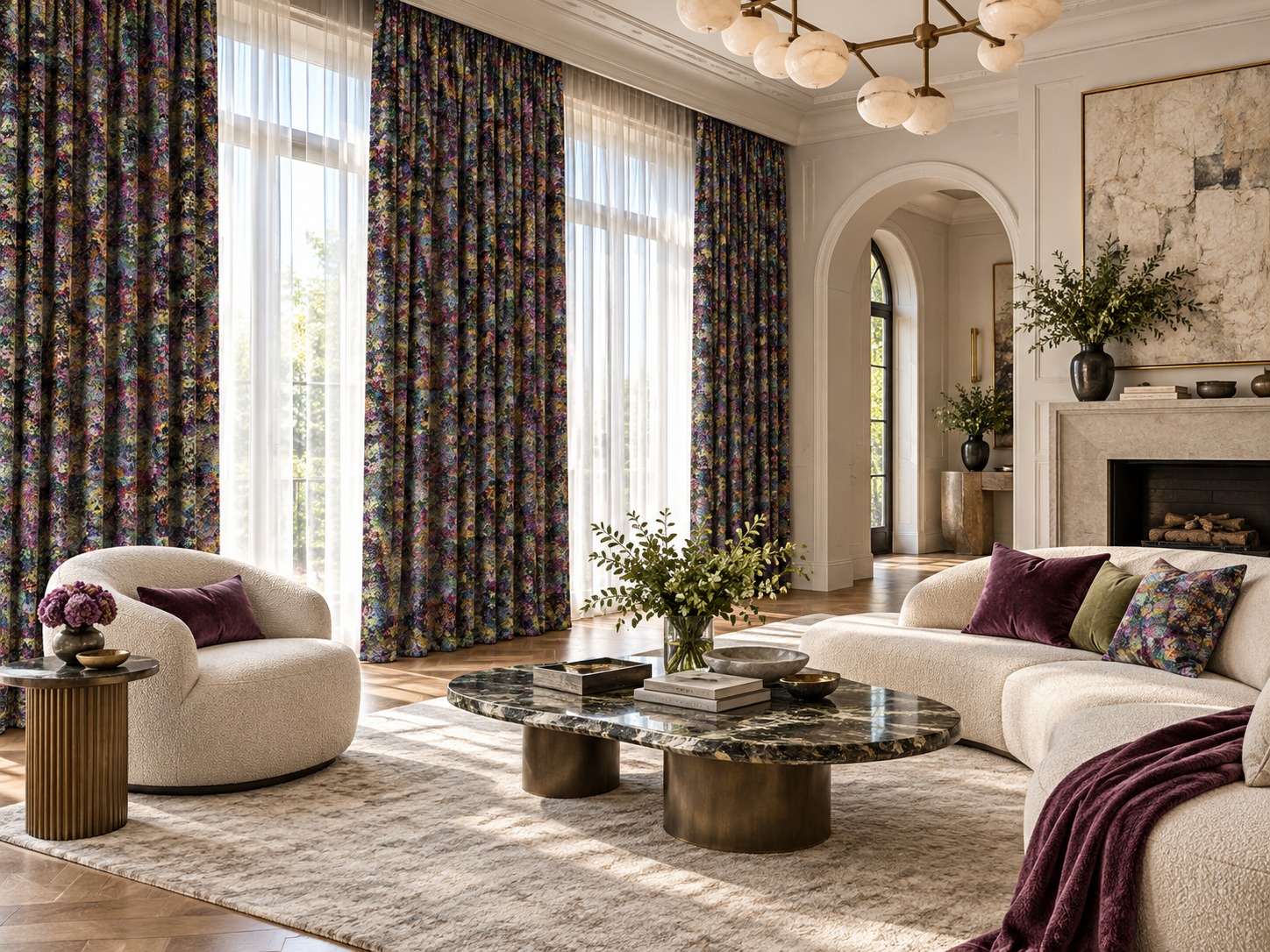 Salón con doble cortina completa Seurat 02 de Manuel Revert y visillo blanco