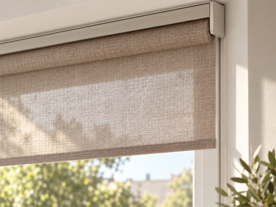 Detalle de estor enrollable a medida en tejido beige con textura, instalado junto a una ventana
