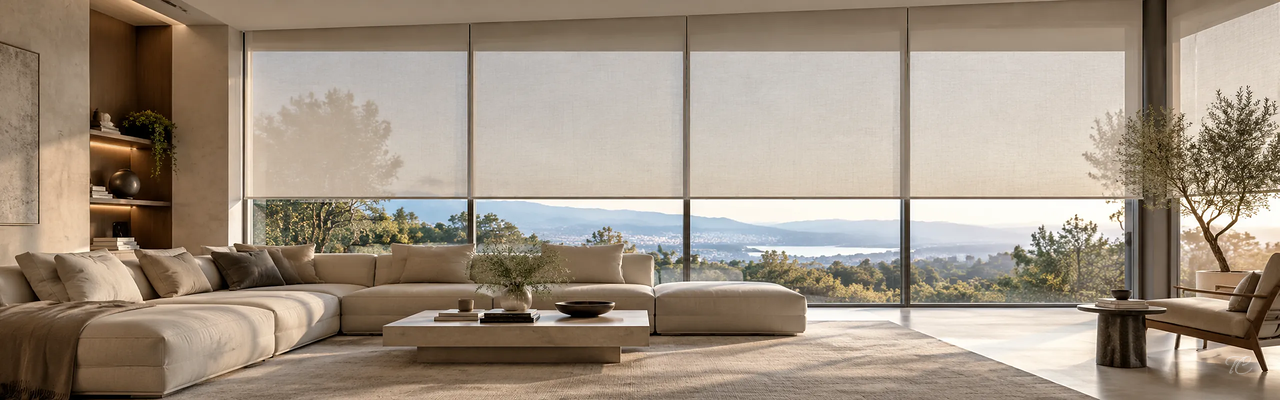 Salón contemporáneo con estores enrollables a medida de TextilCort
