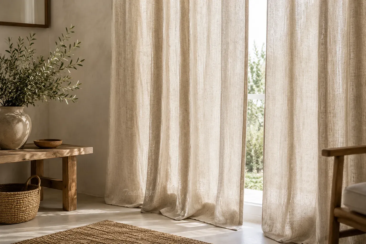 Cortina de lino natural con caída suave y textura característica