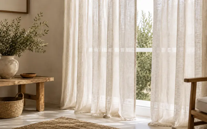 Cortina de lino natural con textura suave y caída elegante