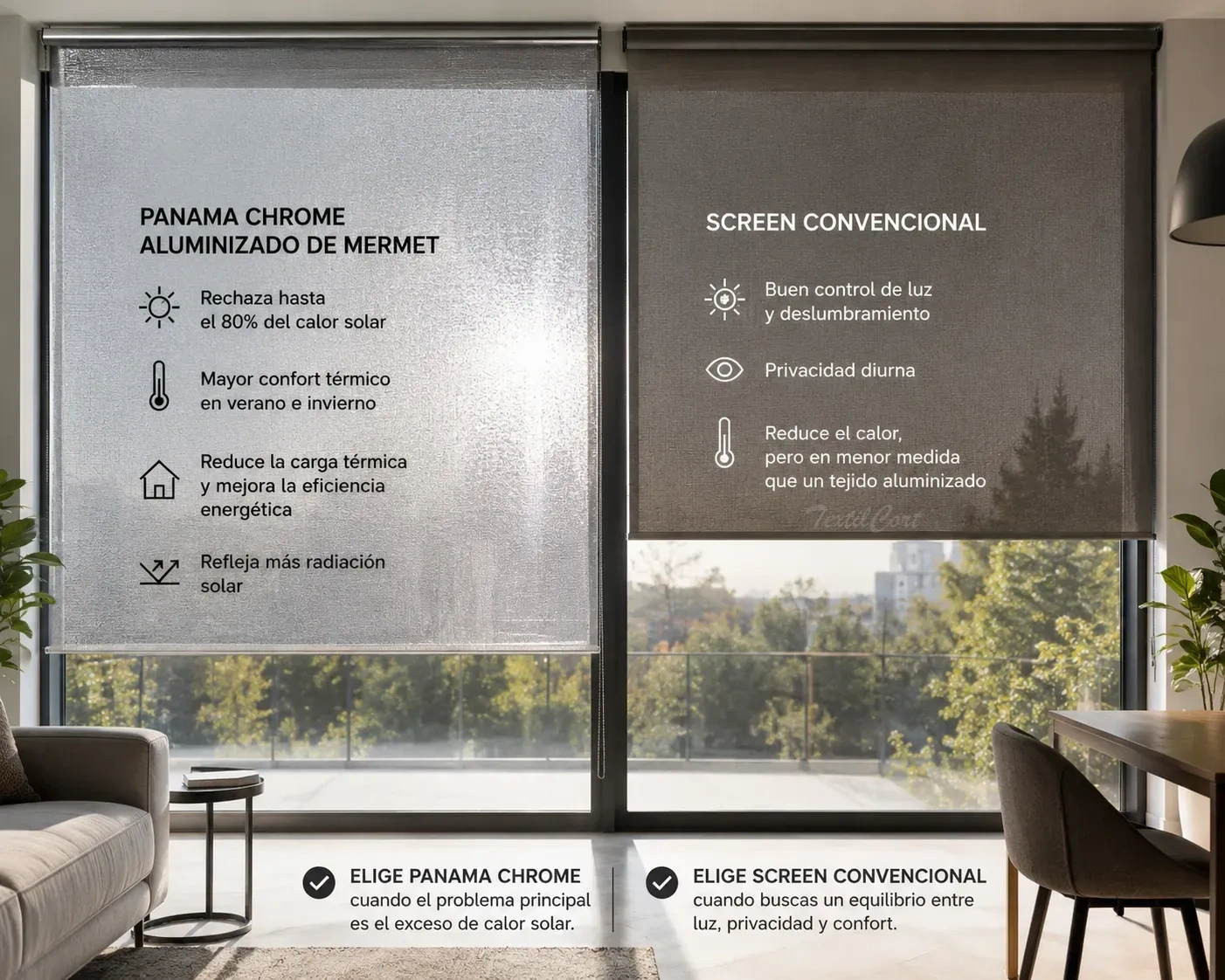 Aplicaciones del tejido Panama Chrome de Mermet en estores enrollables, paneles japoneses y cortinas verticales