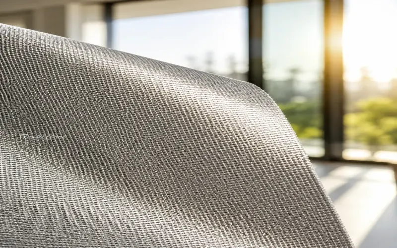 Detalle del tejido Panama Chrome aluminizado de Mermet con acabado técnico reflectante