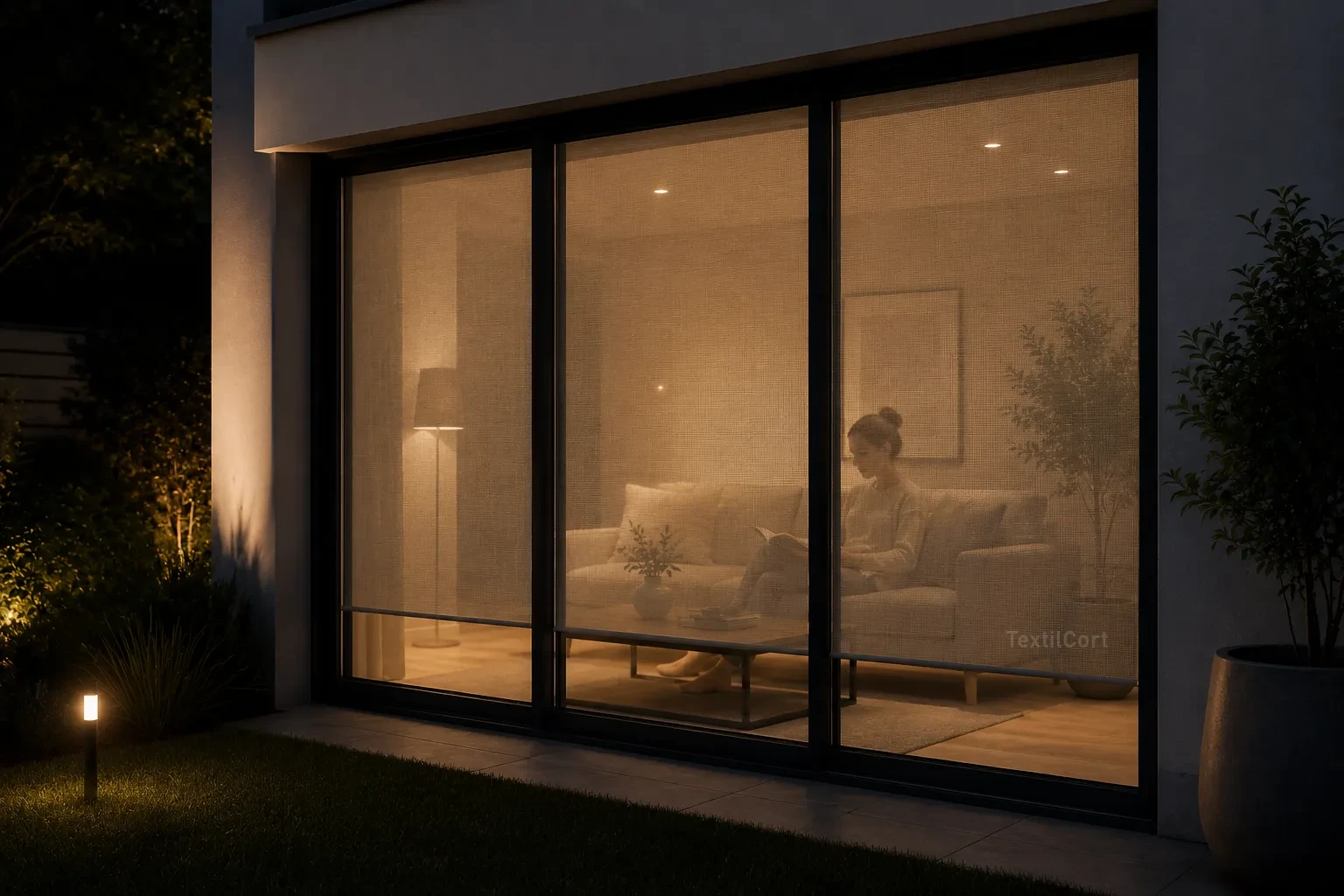 Vista nocturna desde el exterior con screen 5% e interior iluminado