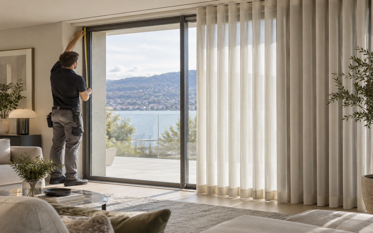 Medición de gran ventanal para cortinas verticales noche y día Duomo a medida