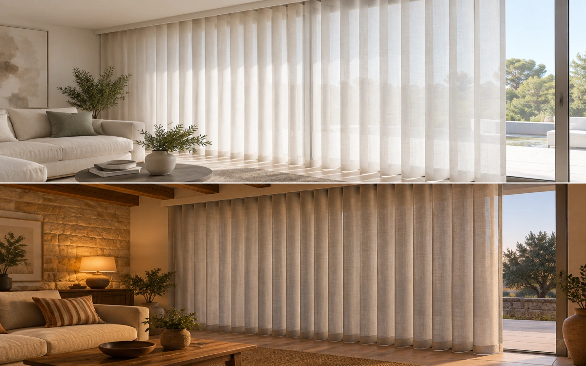 Salón moderno con cortinas verticales noche y día Duomo de Onda Perfecta