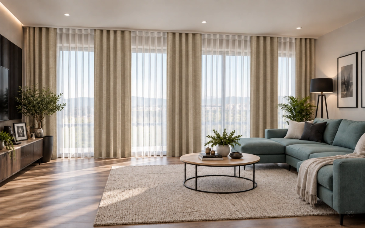 Cortinas verticales noche y día Duomo beige y blanco en salón contemporáneo