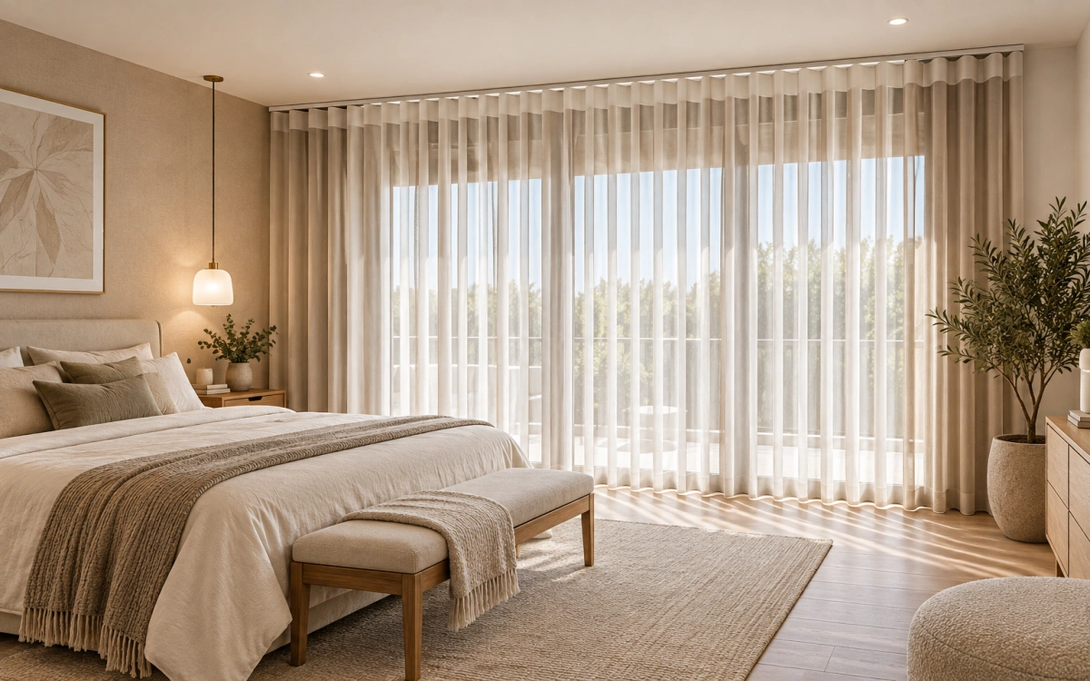 Cortinas verticales noche y día Duomo beige instaladas en dormitorio moderno