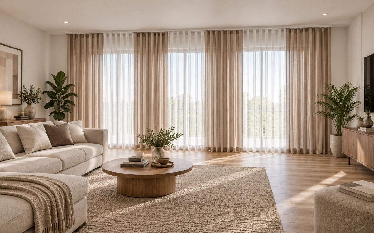 Cortinas verticales noche y día Duomo beige instaladas en salón moderno