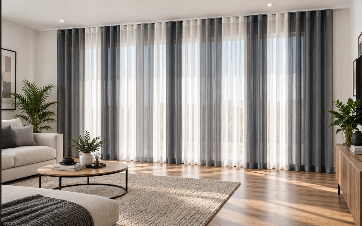 Cortinas verticales noche y día Duomo gris antracita y blanco en salón moderno