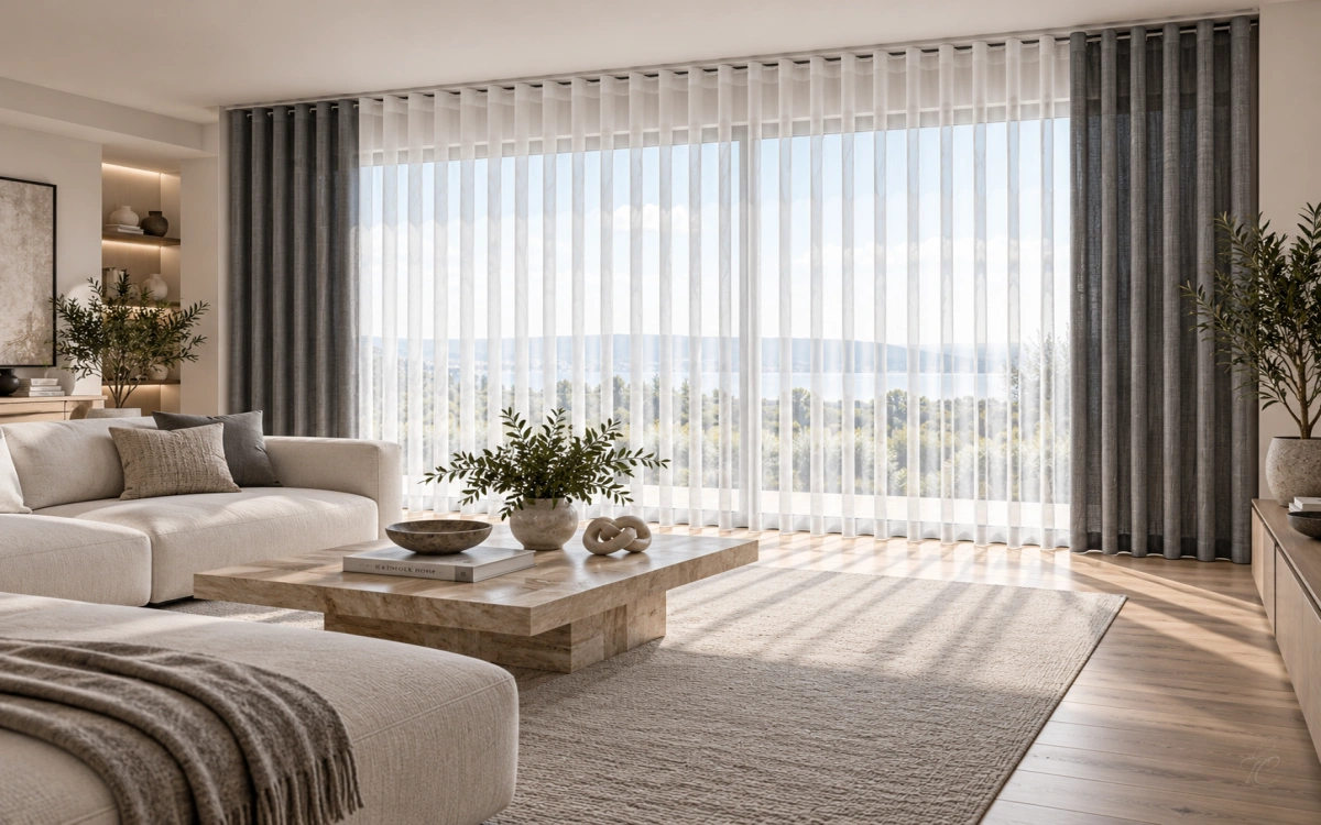 Cortinas verticales noche y día Duomo gris antracita en salón minimalista