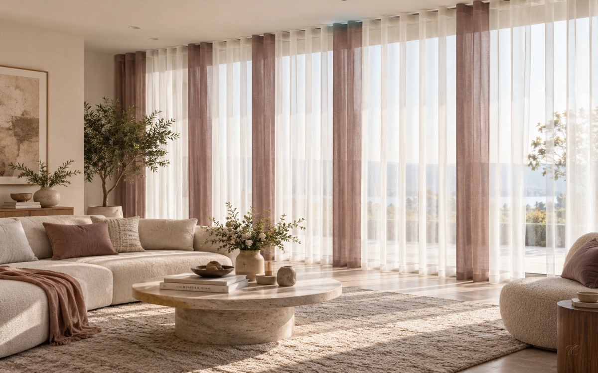 Cortinas verticales noche y día Duomo rosa empolvado en salón moderno