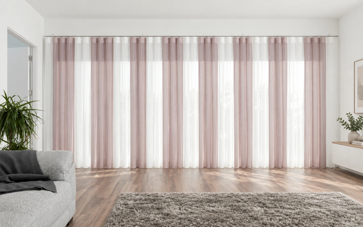 Cortinas verticales noche y día Duomo rosa suave y blanco en salón minimalista
