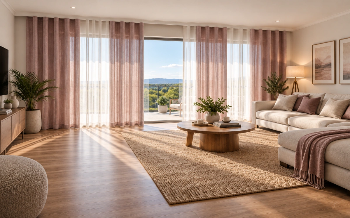 Cortinas verticales noche y día Duomo rosa tierra en salón moderno