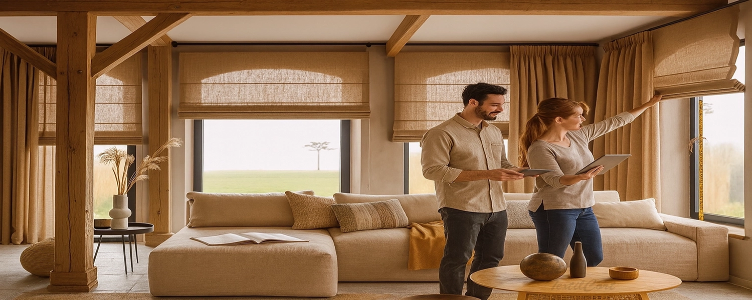 Interiorista Y Clienta Midiendo Cortinas Textilcort