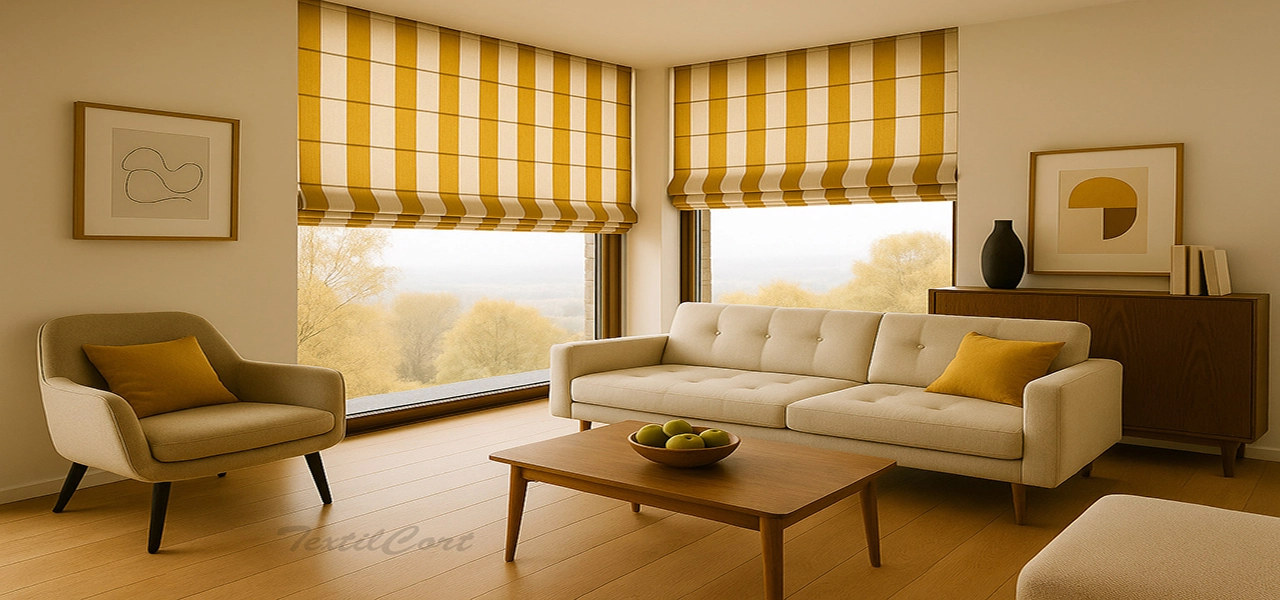 Estores Plegables Listados Ocre Blanco Textilcort