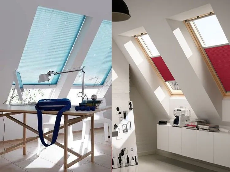Foto de cortina veneciana empotrada guiada para ventanas inclinadas roja y azul