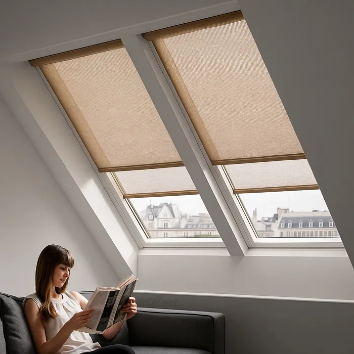 Foto estores enrollables screen beige ventanas inclinadas