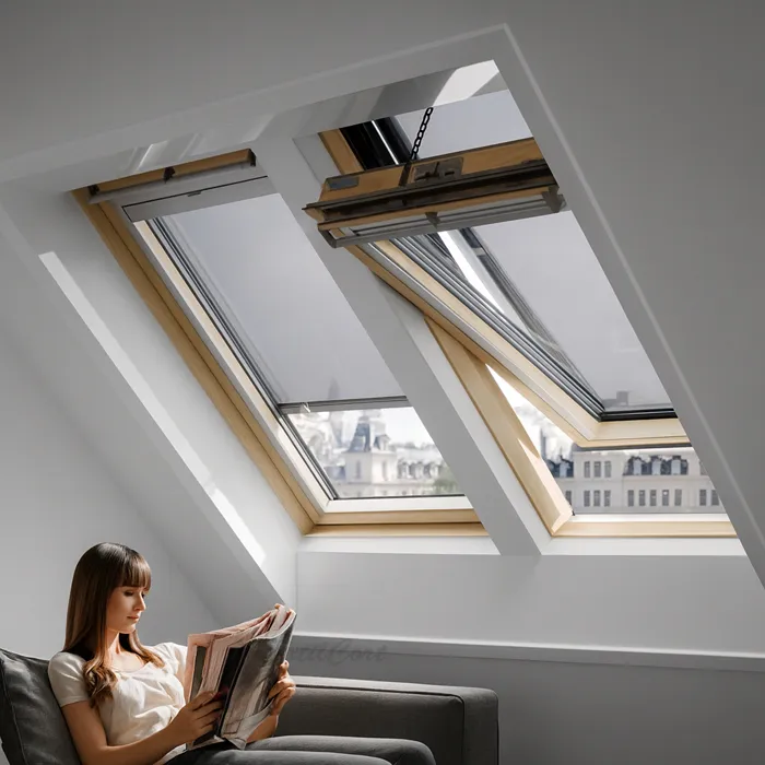 Foto estores enrollables screen gris ventanas inclinadas