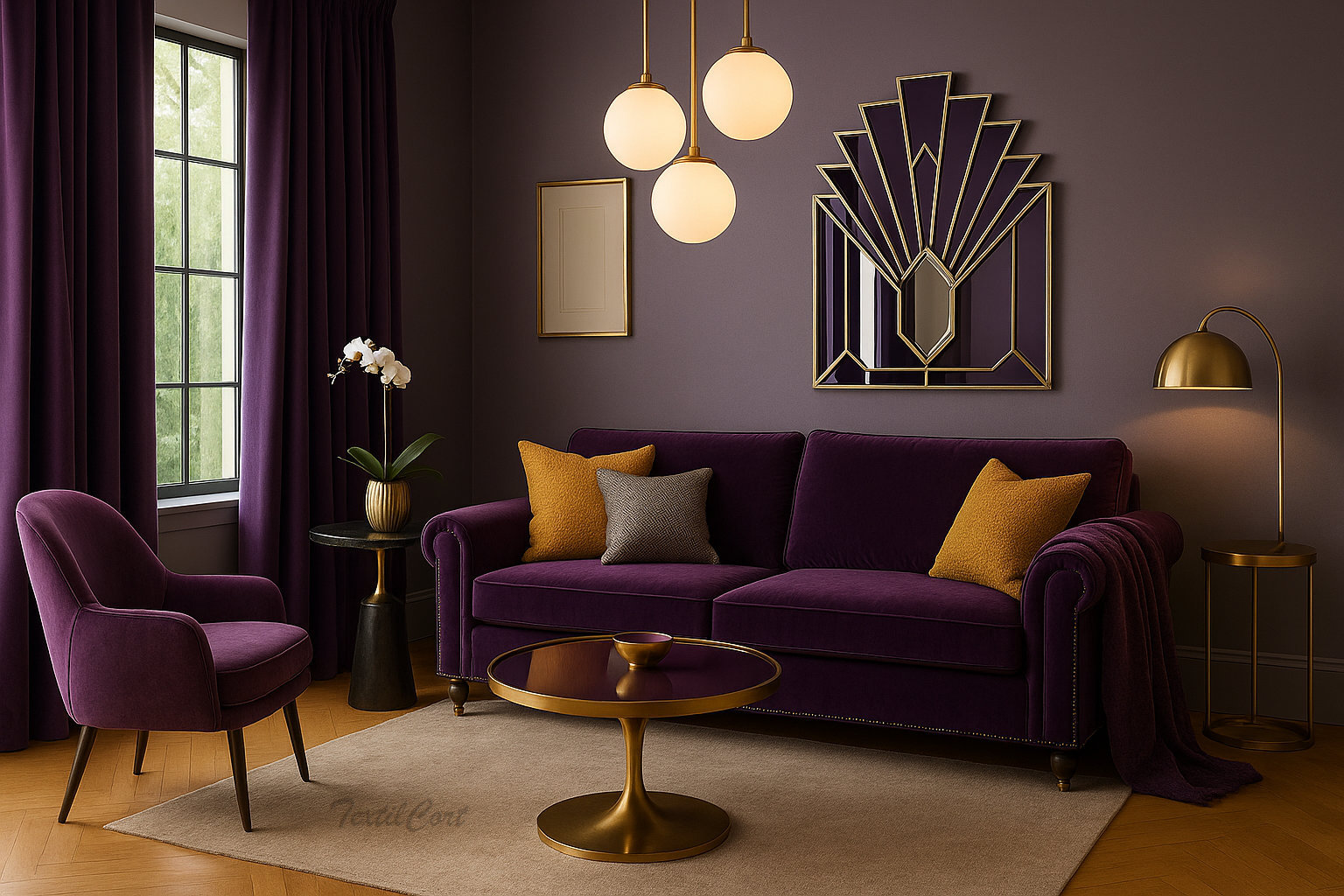 Elegancia púrpura Art Decó con cortinas de terciopelo profundo