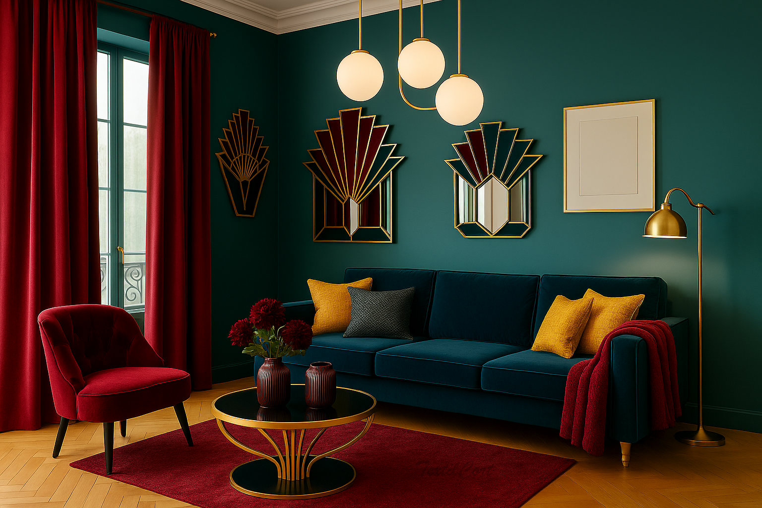 Cortinas rojo borgoña en un salón Art Decó de alto contraste