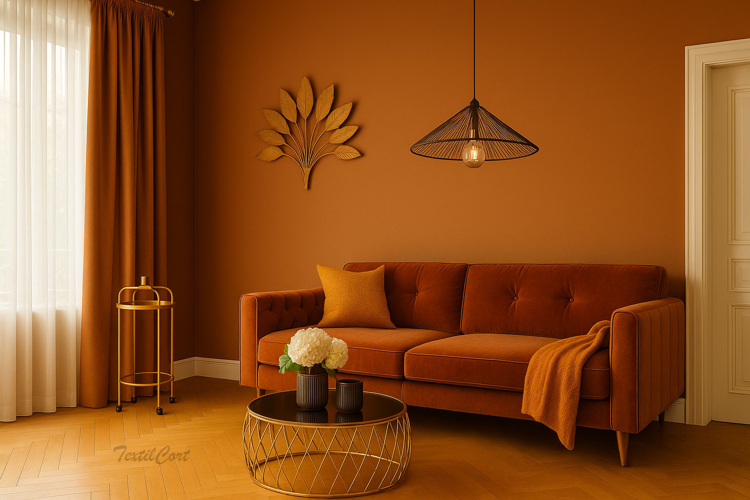 Cortinas tono cobre en un ambiente Art Decó cálido y envolvente