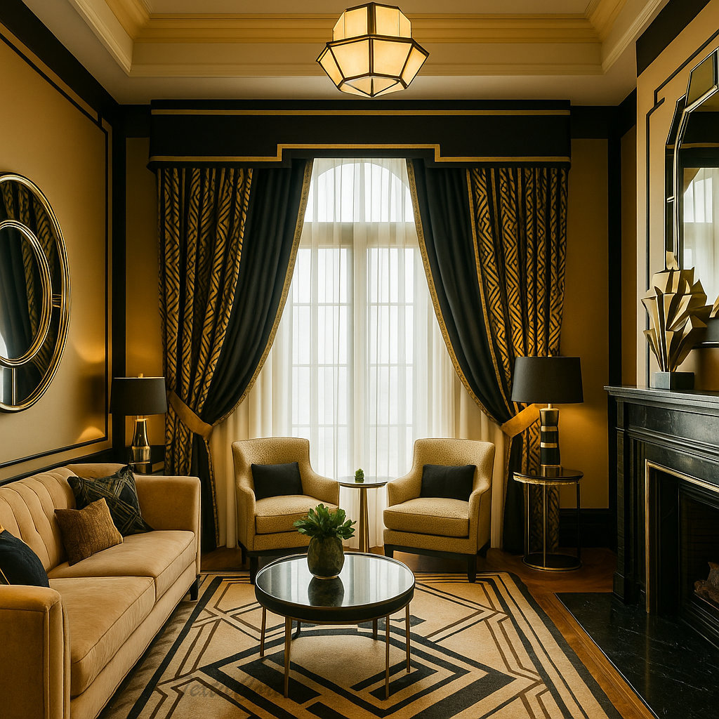 Cortinas Art Decó en Negro y Dorado con Diseño Geométrico