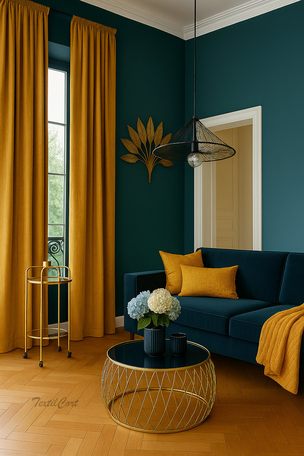 Cortinas Mostaza Art Decó en Contraste con Azul Petróleo