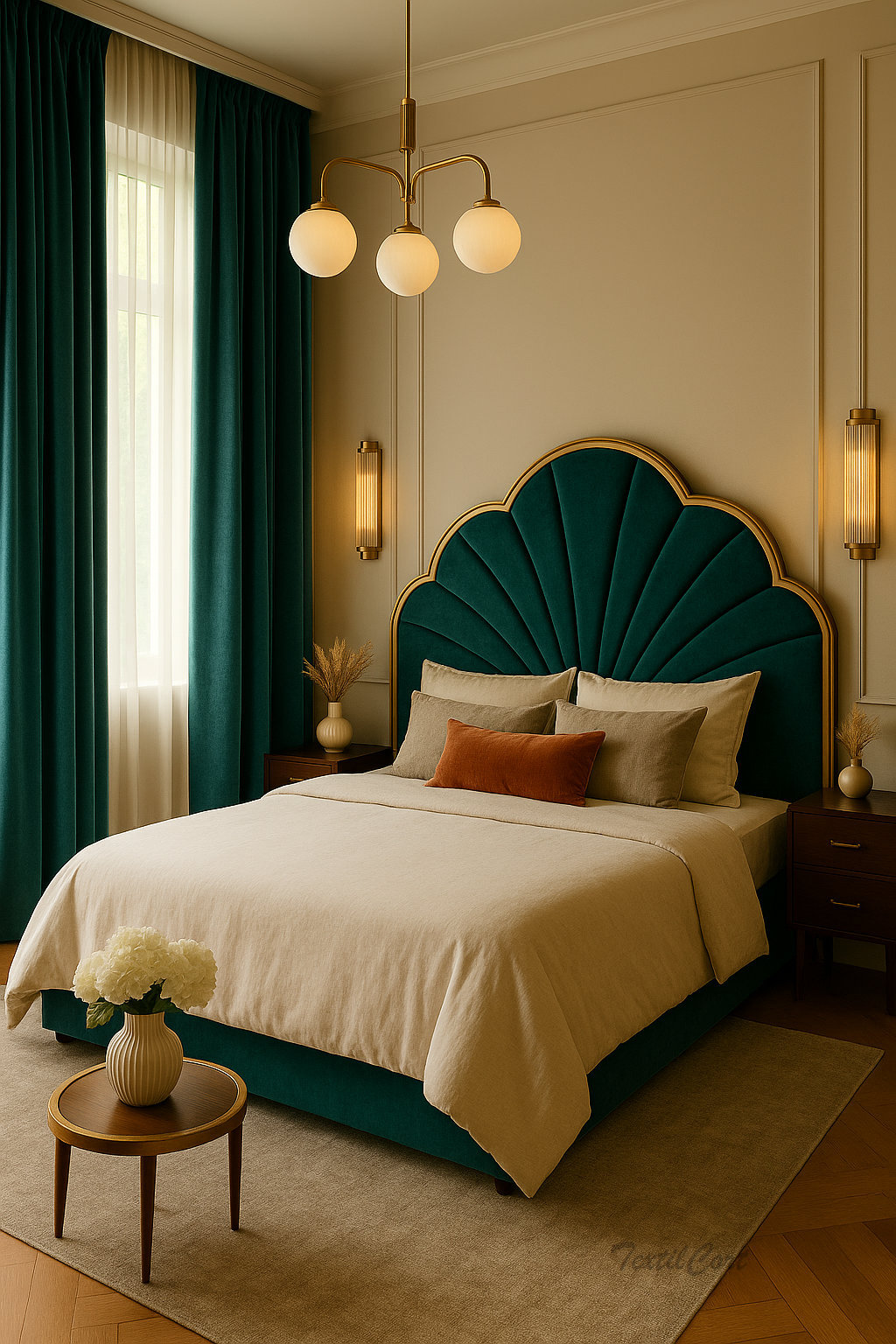 Dormitorio Art Decó con Cortinas Verde Esmeralda