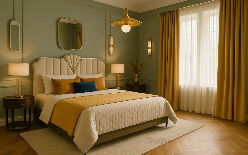 Interior elegante de estilo Art Decó con cortinas sofisticadas y detalles geométricos