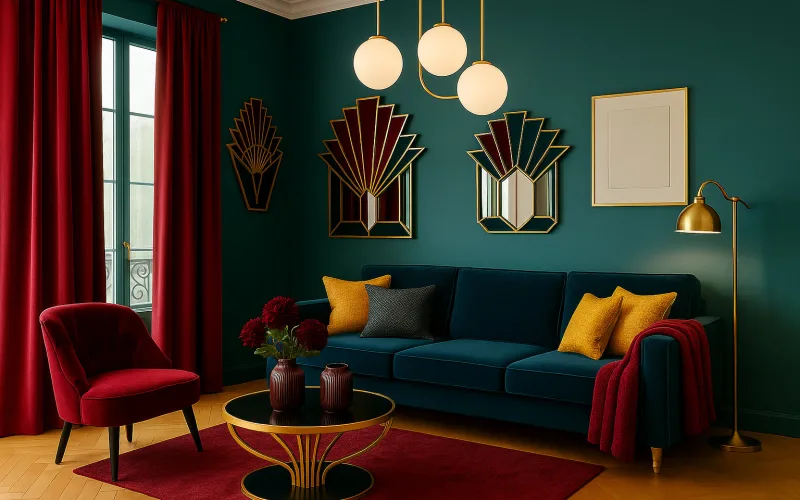Cortinas rojo borgoña en un salón Art Decó de alto contraste