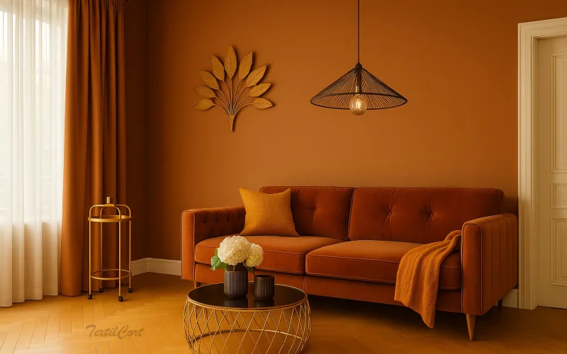 Cortinas tono cobre en un ambiente Art Decó cálido y envolvente