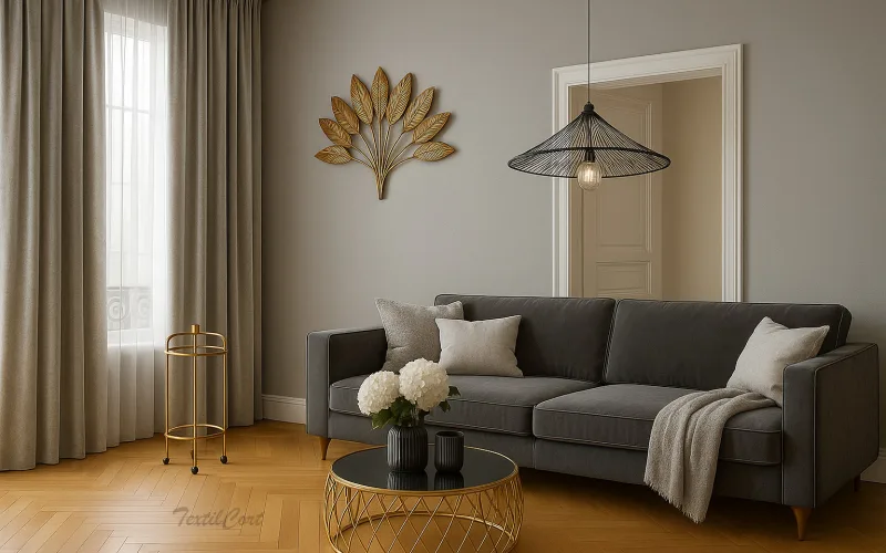 Cortinas gris perla en salón Art Decó con elegancia neutra