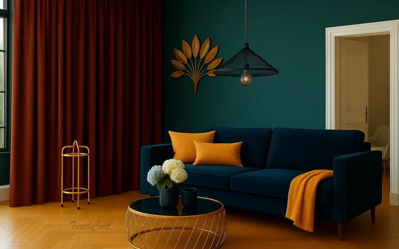 Cortinas tono cacao en salón Art Decó con contraste azul petróleo