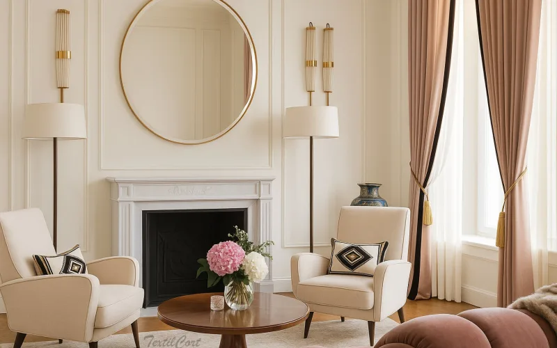 Cortinas Rosa Empolvado con Visillo Blanco – Suavidad Art Decó