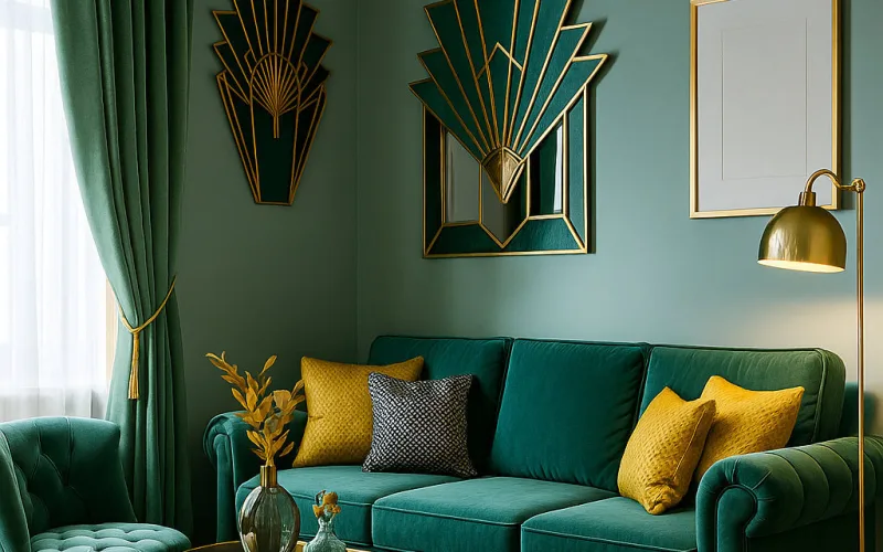 Cortinas en Verde Botella con Acabado Art Decó Elegante