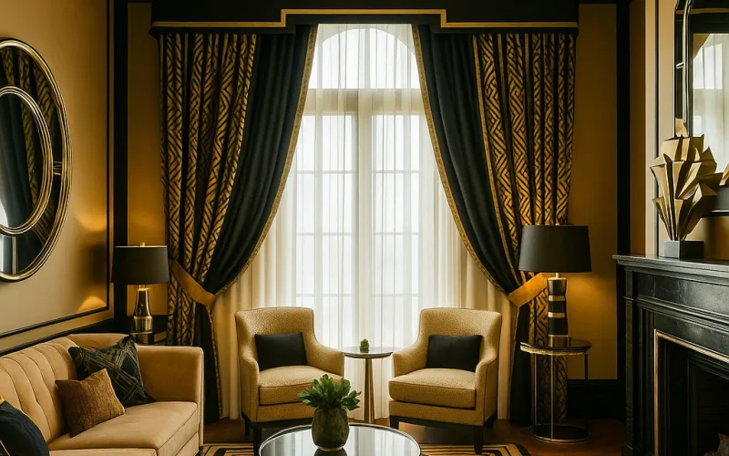 Cortinas Art Decó en Negro y Dorado con Diseño Geométrico