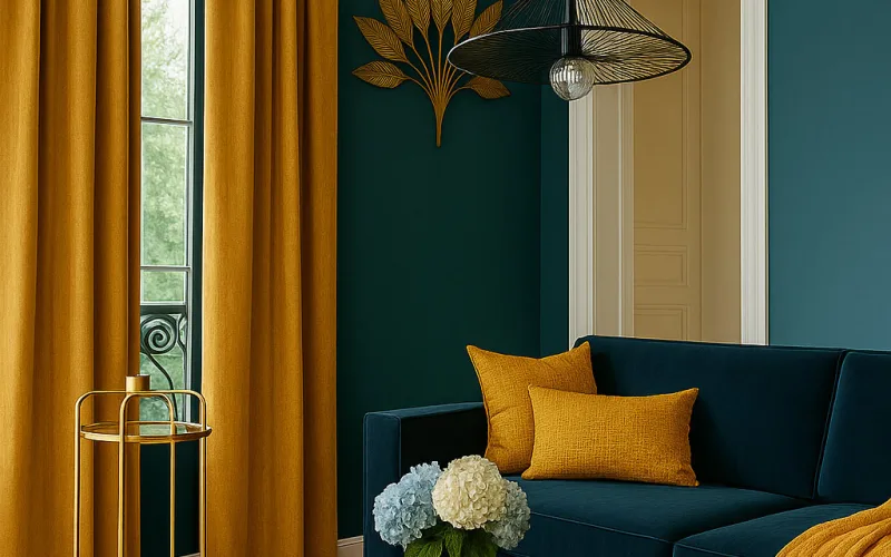 Cortinas Mostaza Art Decó en Contraste con Azul Petróleo