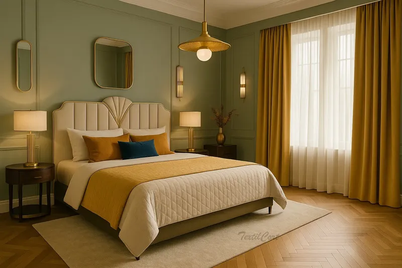 Dormitorio Art Decó con Cortinas Mostaza y Visillo Suave
