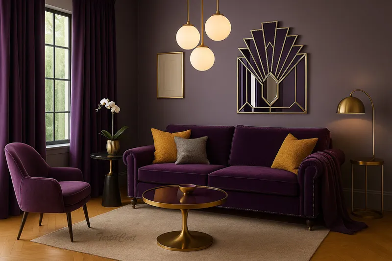 Elegancia púrpura Art Decó con cortinas de terciopelo profundo