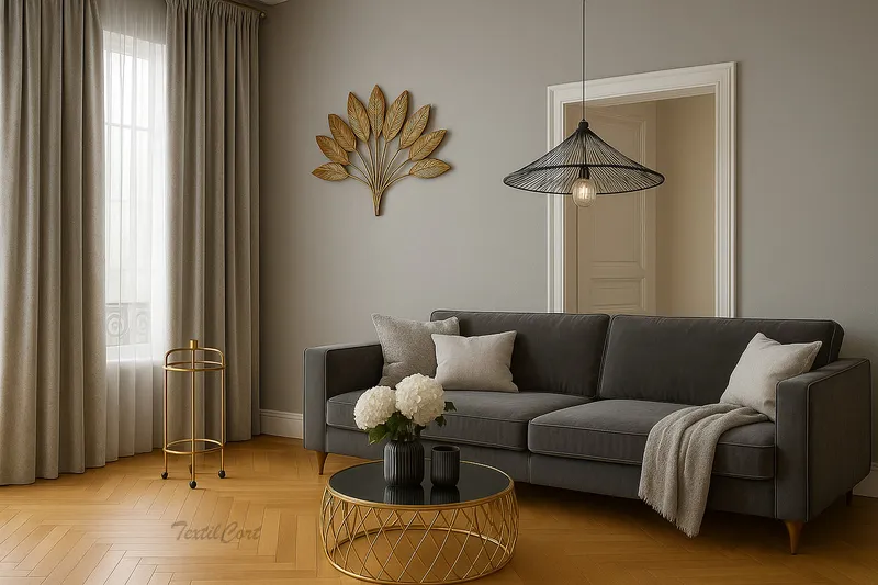 Cortinas gris perla en salón Art Decó con elegancia neutra