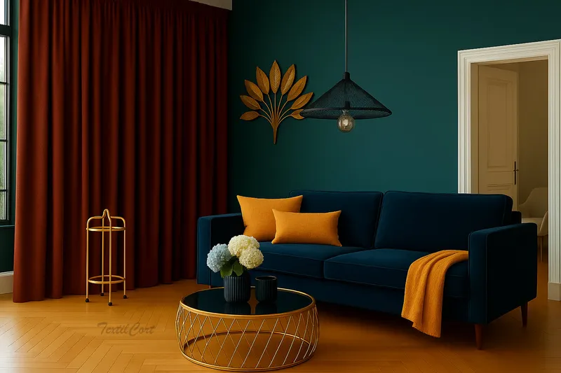 Cortinas tono cacao en salón Art Decó con contraste azul petróleo