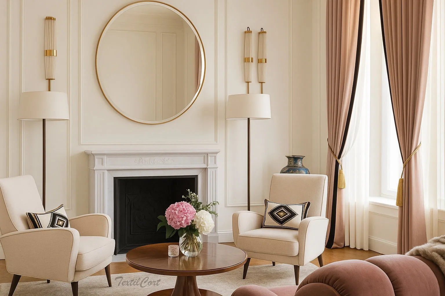 Cortinas Rosa Empolvado con Visillo Blanco – Suavidad Art Decó