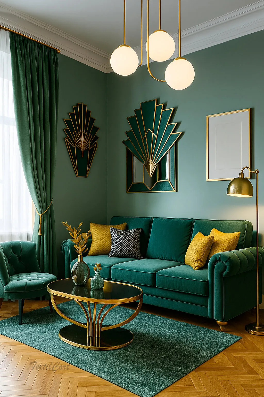 Cortinas en Verde Botella con Acabado Art Decó Elegante