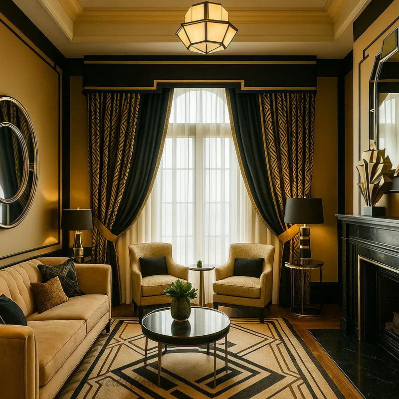 Cortinas Art Decó en Negro y Dorado con Diseño Geométrico