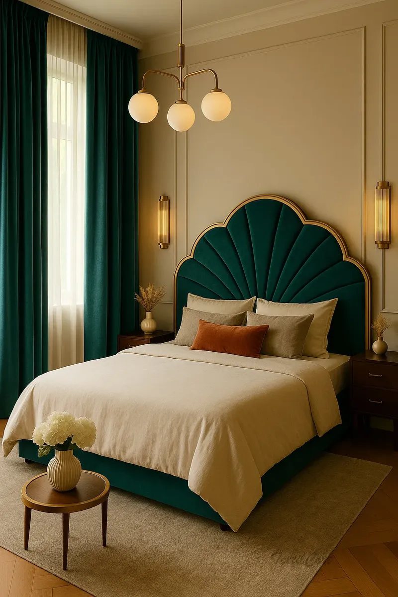Dormitorio Art Decó con Cortinas Verde Esmeralda